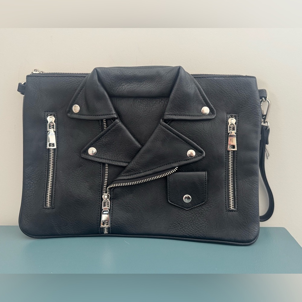 Moto Jacket Pleather Clutch with Wrist strap